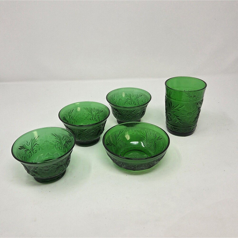 Anchor Hocking Sandwich Forest Green Glass Set 5pc Custard Bowls Tumbler 1950s